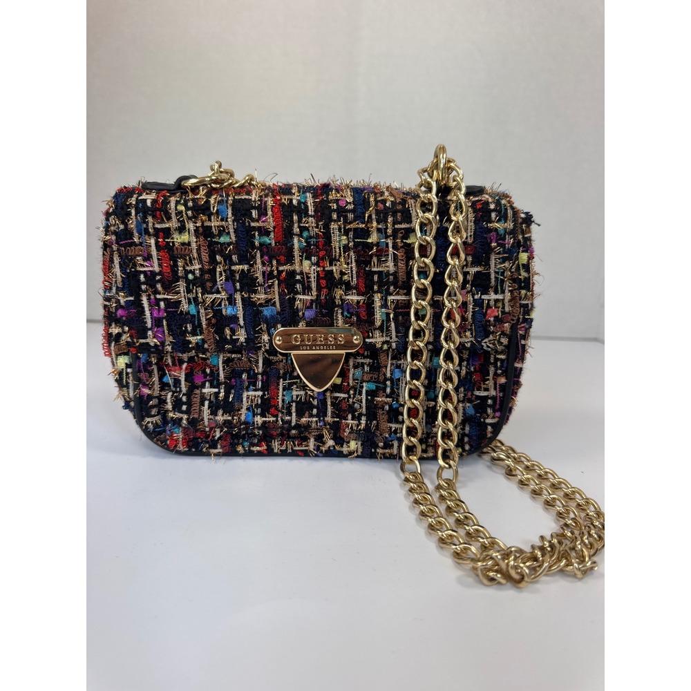 Guess Los Angeles Tweed Crossbody Bag Multicolor Boucle Gold Chain Strap Small